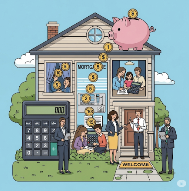 Mortgages: Graphic of a mortgage broker, mortgage lender, mortgage payment calculator, and money in a house.